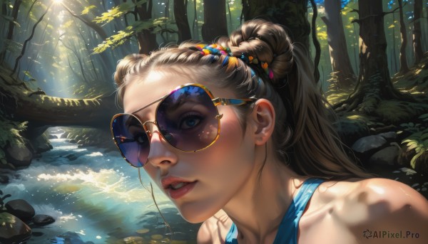 1girl,solo,long hair,looking at viewer,open mouth,blue eyes,blonde hair,brown hair,hair ornament,bare shoulders,collarbone,ponytail,heart,outdoors,parted lips,glasses,teeth,day,water,hair bun,mole,tree,lips,eyelashes,double bun,sunlight,sunglasses,tank top,portrait,nature,eyewear on head,forest,light rays,rock,realistic,nose,round eyewear,tinted eyewear,dappled sunlight,river,mascara,yellow-framed eyewear,jewelry,upper body,braid,earrings,makeup,plant,lipstick,scenery,close-up,pink lips,branch,red lips,eyeliner,shade,hair pulled back,aviator sunglasses,blue tank top