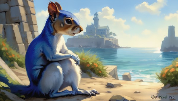 solo,sitting,closed mouth,full body,flower,outdoors,sky,day,cloud,signature,water,black eyes,blue sky,pokemon (creature),no humans,ocean,beach,cloudy sky,grass,claws,rock,realistic,sand,horizon,cliff,lighthouse,animal,plant,building,scenery,furry,bush,white fur,castle