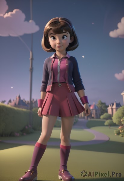 1girl,solo,breasts,looking at viewer,smile,short hair,bangs,skirt,brown hair,dress,brown eyes,standing,jacket,full body,hairband,boots,outdoors,open clothes,sky,shoes,socks,belt,artist name,cloud,blurry,lips,wrist cuffs,kneehighs,buttons,blurry background,brown footwear,knee boots,wristband,pink dress,zipper,pink skirt,shirt,closed mouth,pleated skirt,day,black eyes,open jacket,tree,grass,freckles,walking,purple skirt,female child,bush,lamppost