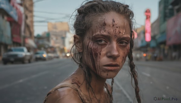 1girl,solo,looking at viewer,brown hair,black hair,jewelry,upper body,braid,outdoors,parted lips,day,dark skin,blurry,black eyes,twin braids,dark-skinned female,lips,looking to the side,blood,depth of field,blurry background,tank top,ground vehicle,building,messy hair,portrait,motor vehicle,freckles,blood on face,realistic,car,road,dirty,street,very dark skin,traffic light,long hair,brown eyes,closed mouth,sky,photo background,dirty face