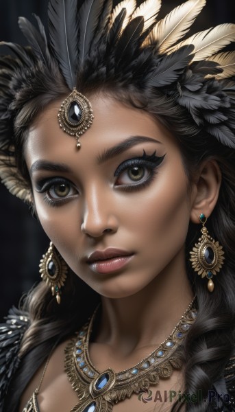 1girl,solo,long hair,looking at viewer,brown hair,black hair,hair ornament,brown eyes,jewelry,closed mouth,braid,earrings,dark skin,necklace,dark-skinned female,lips,eyelashes,makeup,feathers,lipstick,black background,gem,portrait,close-up,eyeshadow,realistic,nose,headdress,feather hair ornament