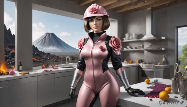 1girl,solo,breasts,looking at viewer,short hair,brown hair,gloves,hat,brown eyes,medium breasts,standing,flower,cowboy shot,food,sky,day,black gloves,cloud,indoors,tree,lips,window,bodysuit,fruit,rose,table,helmet,bottle,fire,knife,smoke,contrapposto,mountain,apple,pink headwear,pink rose,cooking,kitchen,sink,stove,eggplant,cutting board,onion,bob cut,realistic,pink bodysuit