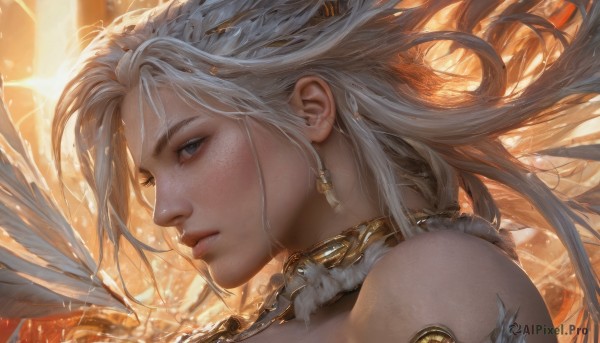 1girl,solo,long hair,looking at viewer,blue eyes,hair ornament,bare shoulders,jewelry,closed mouth,white hair,earrings,artist name,necklace,collar,from side,lips,grey eyes,eyelashes,profile,floating hair,feathers,wind,portrait,close-up,armlet,freckles,realistic,nose,parted lips,wings,gold