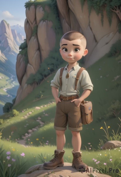 solo,looking at viewer,smile,short hair,brown hair,shirt,1boy,brown eyes,closed mouth,standing,full body,white shirt,flower,male focus,boots,outdoors,sky,shorts,day,collared shirt,belt,bag,tree,brown footwear,suspenders,grass,child,nature,rock,mountain,hands in pockets,ankle boots,male child,very short hair,brown shorts,black hair,artist name,thick eyebrows,brown belt,cliff