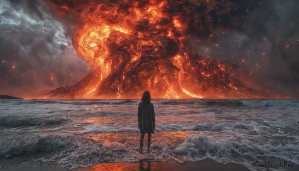 1girl, solo, standing, outdoors, sky, cloud, hood, water, from behind, dutch angle, ocean, beach, fire, smoke, monster, sand, facing away, waves, molten rock