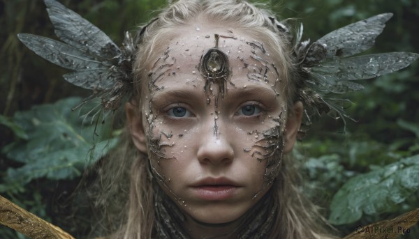 1girl,solo,long hair,looking at viewer,blue eyes,blonde hair,hair ornament,closed mouth,blurry,lips,grey eyes,eyelashes,depth of field,blurry background,leaf,expressionless,feathers,portrait,nature,realistic,nose,feather hair ornament,white hair,wings,bug,close-up