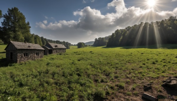 outdoors,sky,day,cloud,tree,blue sky,no humans,sunlight,cloudy sky,grass,building,nature,scenery,forest,light rays,mountain,sun,road,field,sunbeam,house,landscape,path,hill,rock,ruins