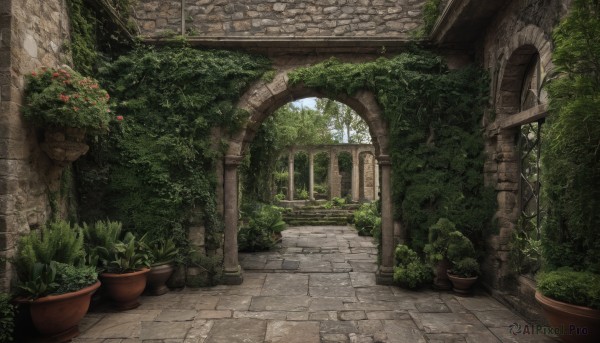 flower,outdoors,day,tree,dutch angle,no humans,window,sunlight,grass,plant,building,nature,scenery,stairs,potted plant,bush,ruins,vines,pillar,path,arch,moss,overgrown,column,stone floor,garden,pavement,stone wall