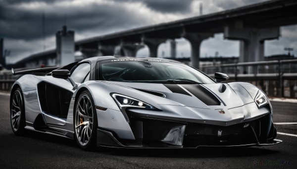 outdoors,sky,cloud,blurry,no humans,blurry background,cloudy sky,ground vehicle,building,motor vehicle,car,road,vehicle focus,grey sky,wheel,sports car,solo