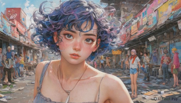 1girl,breasts,looking at viewer,short hair,blue eyes,multiple girls,blonde hair,brown hair,shirt,black hair,cleavage,bare shoulders,jewelry,blue hair,collarbone,outdoors,parted lips,multiple boys,sky,shorts,solo focus,day,necklace,black eyes,lips,6+girls,wind,scenery,freckles,6+boys,curly hair,city,sign,realistic,road,long hair,bangs,dress,brown eyes,standing,upper body,purple hair,cloud,bag,blue sky,neckerchief,floating hair,tank top,denim,building,camisole,walking,blue shorts,denim shorts,spaghetti strap,street,crowd,white camisole,people