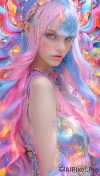 1girl,solo,long hair,breasts,looking at viewer,bangs,blue eyes,hair ornament,dress,bare shoulders,jewelry,medium breasts,closed mouth,blue hair,upper body,pink hair,heart,multicolored hair,horns,sleeveless,choker,blunt bangs,blurry,from side,two-tone hair,lips,eyelashes,makeup,wavy hair,lipstick,eyeshadow,pink lips,realistic,nose,heart hair ornament,colorful,parted lips,artist name,mole,gradient hair,watermark