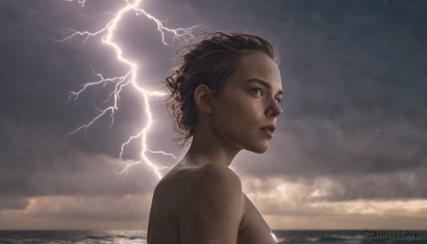 1girl, solo, looking at viewer, short hair, brown hair, brown eyes, upper body, nude, outdoors, parted lips, sky, cloud, dark skin, lips, ocean, cloudy sky, realistic, electricity, lightning