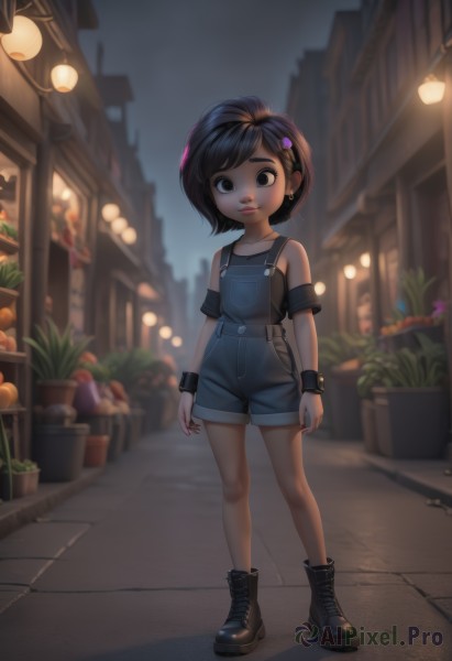 1girl,solo,looking at viewer,smile,short hair,bangs,brown hair,shirt,black hair,hair ornament,bare shoulders,brown eyes,jewelry,closed mouth,standing,collarbone,full body,earrings,boots,outdoors,shorts,sleeveless,hairclip,artist name,black footwear,blurry,black eyes,flat chest,bracelet,lips,night,depth of field,blurry background,swept bangs,suspenders,plant,denim,building,wristband,child,armband,cross-laced footwear,city,lace-up boots,female child,potted plant,overalls,lamppost,street,pavement,overall shorts,food,wrist cuffs,fruit,web address,nose,road,pigeon-toed,flower pot,blue overalls