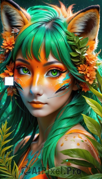 1girl,solo,long hair,looking at viewer,bangs,hair ornament,animal ears,closed mouth,green eyes,upper body,braid,flower,green hair,artist name,hair flower,lips,animal ear fluff,eyelashes,makeup,leaf,watermark,facial mark,plant,portrait,eyeshadow,freckles,nose,eyeliner,facepaint,orange flower,mascara,bare shoulders,fox ears