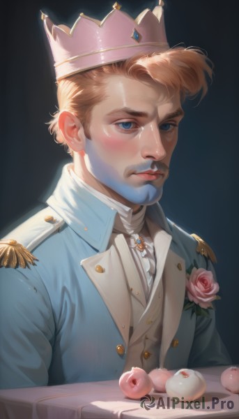 solo,looking at viewer,blush,short hair,blue eyes,blonde hair,simple background,brown hair,shirt,1boy,closed mouth,jacket,white shirt,upper body,flower,male focus,food,uniform,lips,ascot,buttons,fruit,rose,facial hair,formal,table,crown,blue jacket,black background,gem,pink flower,epaulettes,realistic,nose,mustache,pink rose,artist name,plate,tray,hair behind ear