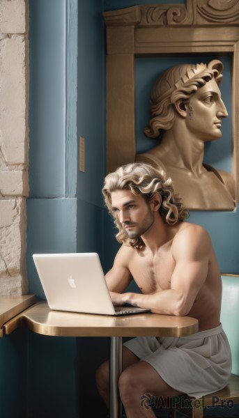 solo,blue eyes,blonde hair,1boy,sitting,closed mouth,underwear,nipples,collarbone,male focus,shorts,indoors,muscular,facial hair,parody,table,pectorals,muscular male,beard,curly hair,topless male,mature male,realistic,mustache,computer,male underwear,chest hair,laptop,statue,leg hair,arm hair,fine art parody,boxers,watermark,chair,towel,web address,manly