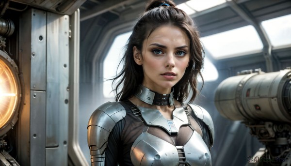 HQ,1girl,solo,long hair,looking at viewer,blue eyes,brown hair,black hair,upper body,ponytail,parted lips,teeth,choker,armor,lips,bodysuit,forehead,freckles,science fiction,realistic,hair pulled back,breasts,makeup,robot,nose,dirty,dirty face