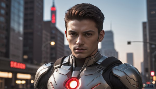 solo,looking at viewer,short hair,brown hair,1boy,brown eyes,closed mouth,upper body,male focus,outdoors,armor,blurry,blurry background,building,portrait,science fiction,city,realistic,hair slicked back,power armor,black hair,sky,day,lips,bodysuit,superhero