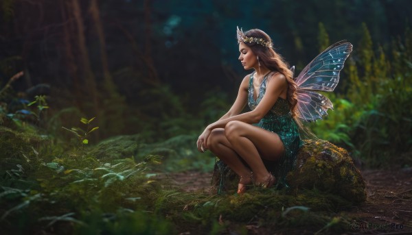 1girl,solo,long hair,blonde hair,brown hair,hair ornament,dress,bare shoulders,jewelry,sitting,closed eyes,braid,flower,outdoors,wings,barefoot,pointy ears,necklace,blurry,tree,depth of field,leaf,squatting,tiara,plant,nature,forest,realistic,anklet,fairy wings,fairy,butterfly wings,dirty feet,sandals,grass,scenery,rock,head wreath