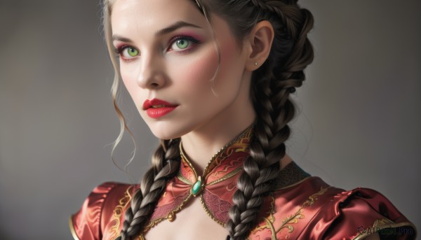 1girl,solo,long hair,looking at viewer,simple background,brown hair,black hair,dress,jewelry,green eyes,upper body,braid,earrings,parted lips,grey background,hair bun,twin braids,lips,clothing cutout,eyelashes,makeup,looking away,red dress,cleavage cutout,looking up,lipstick,brooch,gem,portrait,forehead,eyeshadow,freckles,gold trim,realistic,nose,red lips,stud earrings,mascara,red gemstone,multiple braids,chinese clothes,china dress,eyeliner