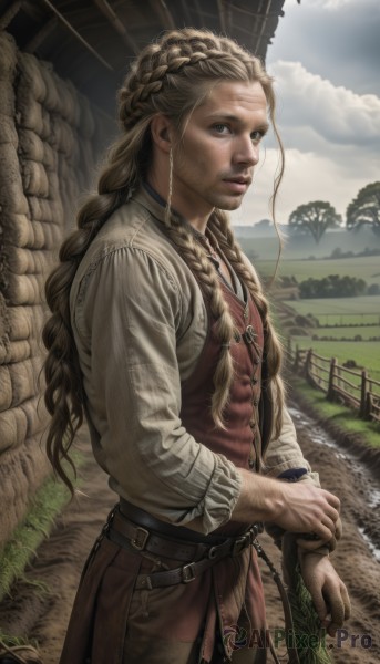 1girl,solo,long hair,looking at viewer,blue eyes,blonde hair,brown hair,shirt,long sleeves,holding,jewelry,standing,white shirt,weapon,braid,cowboy shot,outdoors,parted lips,sky,day,belt,sword,cloud,necklace,vest,twin braids,tree,blue sky,lips,looking to the side,facial hair,scar,cloudy sky,grass,sheath,freckles,sheathed,rock,realistic,nose,fence,brown belt,dirty,multiple braids,pants,from side,scar on face