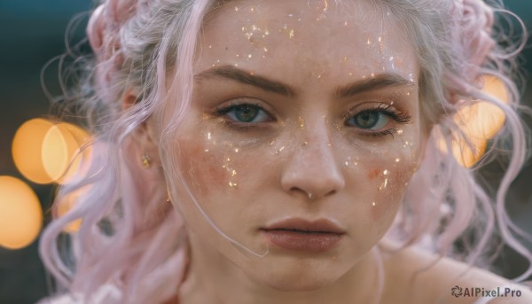 1girl,solo,long hair,looking at viewer,blue eyes,jewelry,green eyes,white hair,earrings,parted lips,blurry,lips,eyelashes,depth of field,wavy hair,portrait,close-up,freckles,realistic,nose,bokeh,closed mouth,artist name,star (symbol),blurry background