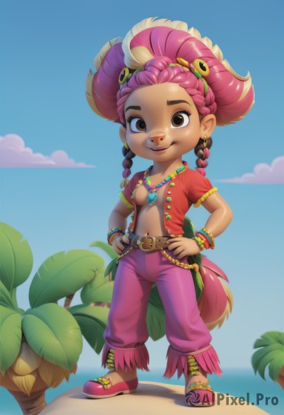 1girl,solo,breasts,looking at viewer,smile,shirt,hair ornament,navel,brown eyes,jewelry,standing,tail,full body,pink hair,braid,short sleeves,earrings,small breasts,outdoors,open clothes,sky,shoes,day,belt,pants,cloud,dark skin,necklace,twin braids,bracelet,dark-skinned female,tree,blue sky,lips,open shirt,no bra,beach,red footwear,hands on hips,palm tree,furry female,multiple braids,long hair,multicolored hair,hairband,water,chibi,two-tone hair,ocean,gem,bangle,nose piercing,puffy pants