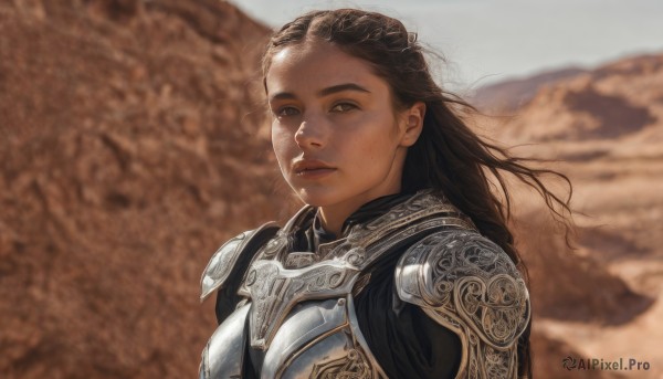 1girl,solo,long hair,looking at viewer,brown hair,black hair,brown eyes,closed mouth,upper body,outdoors,armor,blurry,lips,blurry background,shoulder armor,freckles,pauldrons,breastplate,realistic,chainmail,parted lips,day,sunlight,wind,desert