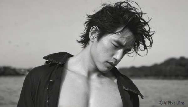 solo,short hair,shirt,1boy,closed mouth,collarbone,jacket,monochrome,closed eyes,upper body,greyscale,male focus,outdoors,open clothes,collared shirt,water,blurry,lips,open shirt,depth of field,blurry background,facial hair,ocean,beach,pectorals,wind,messy hair,facing viewer,realistic,stubble,artist name,signature,open jacket,scar