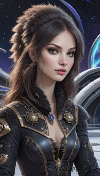 1girl,solo,long hair,breasts,looking at viewer,brown hair,cleavage,brown eyes,jewelry,medium breasts,underwear,upper body,small breasts,parted lips,sky,signature,bra,lips,fur trim,gem,star (sky),starry sky,freckles,realistic,nose,space,planet,bangs,jacket,parted bangs,eyelashes,makeup,fur collar