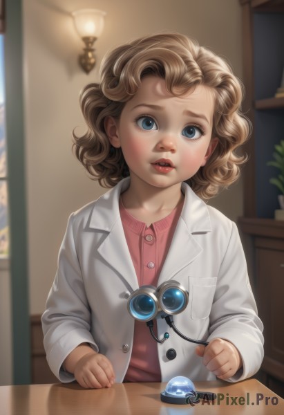 1girl,solo,looking at viewer,short hair,blue eyes,blonde hair,brown hair,shirt,long sleeves,jacket,upper body,parted lips,indoors,medium hair,blurry,lips,coat,buttons,blurry background,table,plant,goggles,red shirt,child,freckles,reflection,curly hair,pink shirt,realistic,labcoat,white coat,female child,lamp,blush,open mouth,nose,stethoscope