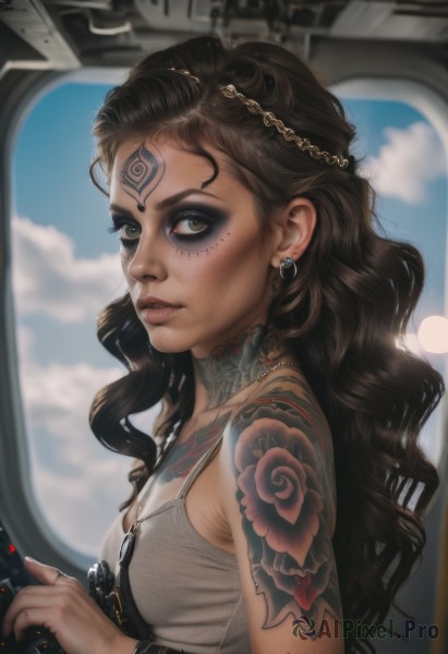 1girl,solo,long hair,breasts,looking at viewer,brown hair,black hair,bare shoulders,brown eyes,jewelry,upper body,weapon,earrings,small breasts,parted lips,sky,choker,day,artist name,cloud,necklace,blurry,bracelet,from side,blue sky,lips,eyelashes,tattoo,makeup,depth of field,blurry background,wavy hair,piercing,tank top,eyeshadow,freckles,curly hair,watch,nose,arm tattoo,shoulder tattoo,mascara,hair ornament,green eyes,chain,facial mark,forehead mark,realistic,eyeliner,facial tattoo,car interior