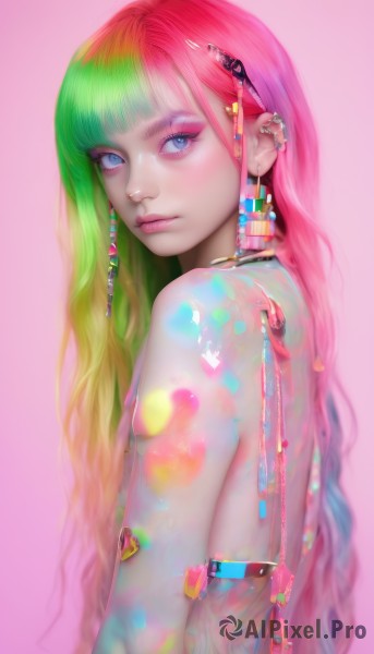 1girl,solo,long hair,looking at viewer,bangs,blue eyes,simple background,hair ornament,jewelry,closed mouth,upper body,pink hair,heart,nude,multicolored hair,earrings,green hair,hairclip,looking back,blunt bangs,from side,two-tone hair,lips,looking to the side,eyelashes,gradient hair,makeup,piercing,pink background,lipstick,ear piercing,eyeshadow,pink lips,multicolored eyes,realistic,nose,eyeliner,nipple piercing,rainbow,colorful,mascara,rainbow gradient,rainbow hair,linked piercing,blonde hair,artist name,necklace,see-through,gradient,gradient background,gem,beads