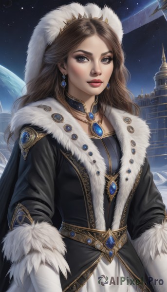 1girl,solo,long hair,looking at viewer,blue eyes,brown hair,gloves,hat,dress,brown eyes,jewelry,closed mouth,earrings,sky,choker,white gloves,necklace,lips,coat,grey eyes,fur trim,makeup,crown,lipstick,gem,star (sky),pendant,eyeshadow,starry sky,nose,red lips,space,fur-trimmed coat,planet,fur hat,earth (planet),spacecraft,bangs,long sleeves,upper body,cape,mole,parted bangs,mole under eye,night,night sky,realistic,castle