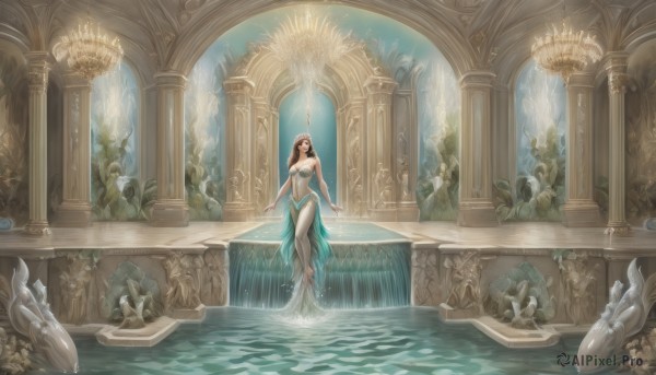 1girl,solo,long hair,breasts,looking at viewer,large breasts,brown hair,black hair,dress,navel,cleavage,bare shoulders,jewelry,medium breasts,barefoot,solo focus,water,scenery,fantasy,pillar,statue,arch,column,fountain,very long hair,closed mouth,standing,artist name,indoors,necklace,bare arms,bare legs,watermark,looking away,sunlight,plant,monster girl,light rays,realistic,architecture