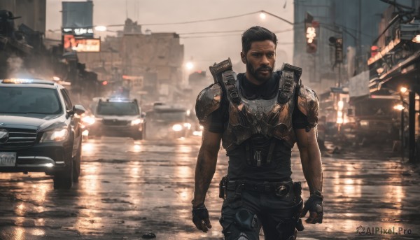 solo,short hair,shirt,black hair,gloves,1boy,weapon,male focus,outdoors,black gloves,belt,dark skin,fingerless gloves,armor,blurry,gun,tattoo,facial hair,dark-skinned male,ground vehicle,shoulder armor,building,motor vehicle,beard,science fiction,rain,city,realistic,car,road,police,street,police uniform,truck,bulletproof vest,walkie-talkie,closed mouth,standing,solo focus,pants,uniform,black shirt,night,blurry background,black pants,lamppost,traffic light