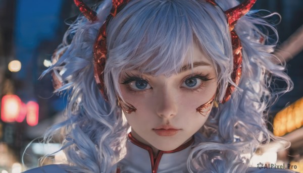 1girl,solo,long hair,looking at viewer,bangs,blue eyes,twintails,closed mouth,blue hair,white hair,blurry,lips,eyelashes,bodysuit,depth of field,blurry background,headgear,wavy hair,expressionless,portrait,close-up,science fiction,realistic,red lips,outdoors,horns,night,headphones,nose,straight-on