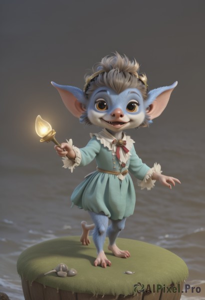 solo,looking at viewer,smile,short hair,open mouth,long sleeves,1boy,dress,holding,animal ears,brown eyes,jewelry,standing,full body,weapon,male focus,outdoors,barefoot,pointy ears,belt,water,blue dress,fangs,grass,furry,furry female,goblin,yordle,1girl,brown hair,ribbon,tail,:d,frills,teeth,artist name,red ribbon,bell,neck ribbon,watermark,standing on one leg,web address,claws,rock,realistic