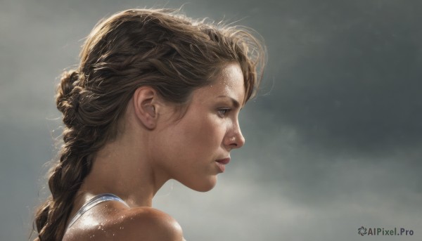 1girl,solo,long hair,brown hair,bare shoulders,brown eyes,braid,parted lips,grey background,from side,lips,profile,looking away,portrait,freckles,realistic,nose,jewelry,earrings,sunlight