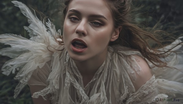 1girl,solo,long hair,looking at viewer,open mouth,blue eyes,brown hair,dress,bare shoulders,upper body,teeth,white dress,lips,grey eyes,feathers,portrait,nature,freckles,realistic,brown eyes,blurry,floating hair,looking up,red lips