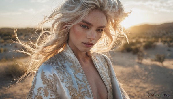 1girl,solo,long hair,breasts,looking at viewer,blue eyes,blonde hair,hair ornament,closed mouth,upper body,flower,small breasts,outdoors,sky,day,hair flower,blurry,lips,grey eyes,floating hair,depth of field,blurry background,wind,freckles,mountain,realistic,nose,dress,cleavage,medium breasts,makeup,sunlight,thick eyebrows,backlighting