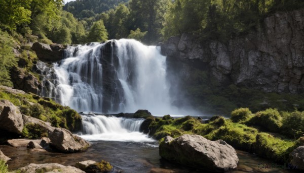 A waterfall portrayed in a inviting day