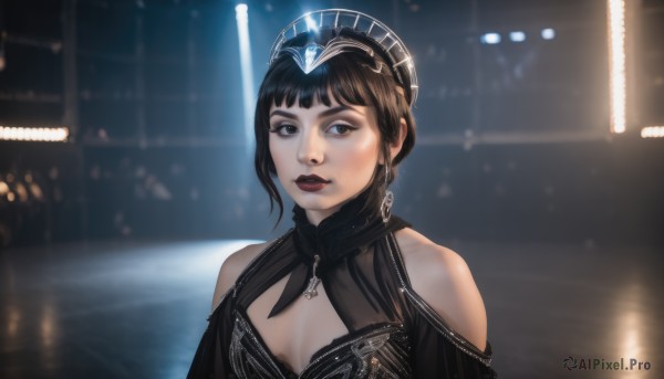 1girl,solo,breasts,looking at viewer,short hair,bangs,blue eyes,black hair,dress,cleavage,bare shoulders,jewelry,medium breasts,upper body,earrings,parted lips,artist name,blunt bangs,blurry,black eyes,black dress,lips,grey eyes,clothing cutout,makeup,blurry background,cleavage cutout,tiara,lipstick,realistic,nose,red lips,shoulder cutout,brown hair,hair ornament,brown eyes,indoors