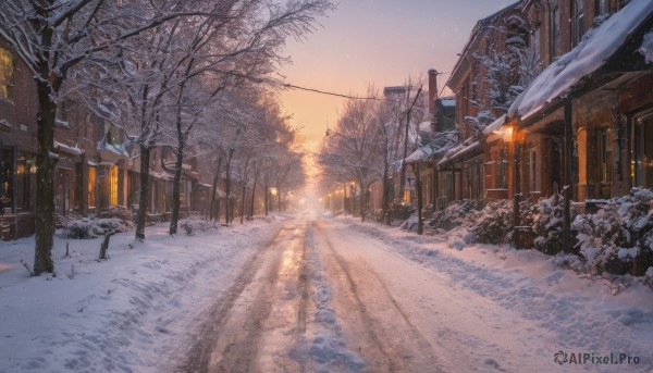 outdoors, sky, tree, dutch angle, no humans, building, scenery, snow, snowing, road, house, winter, lamppost, bare tree, street