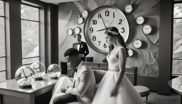 1girl,long hair,breasts,hair ornament,long sleeves,1boy,dress,bare shoulders,jewelry,sitting,monochrome,closed eyes,braid,flower,hetero,greyscale,earrings,necktie,sleeveless,indoors,dark skin,window,sleeveless dress,chair,formal,table,suit,wedding dress,clock,wedding,wall clock,gloves,bowtie,necklace,dark-skinned female,facial hair,dark-skinned male,husband and wife,tuxedo,hourglass