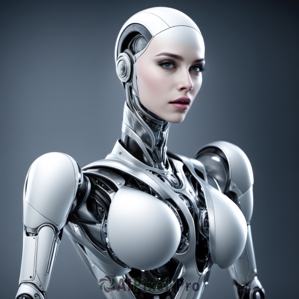 1girl,solo,breasts,looking at viewer,blue eyes,large breasts,simple background,medium breasts,upper body,parted lips,grey background,lips,bodysuit,makeup,robot,lipstick,science fiction,realistic,android,joints,cyborg,robot joints,eyelashes,eyeshadow,bald,no nipples,cyberpunk,mechanical parts,humanoid robot