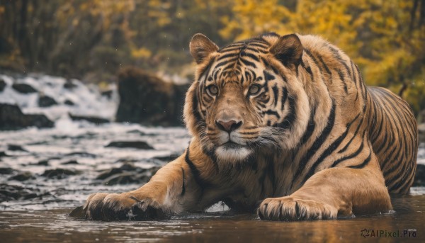 solo,looking at viewer,closed mouth,outdoors,day,water,blurry,tree,no humans,depth of field,blurry background,animal,nature,snow,forest,rock,realistic,chinese zodiac,animal focus,tiger,year of the tiger,signature,partially submerged