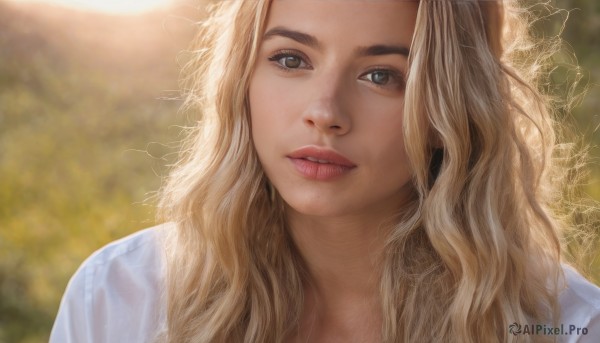 1girl,solo,long hair,looking at viewer,blue eyes,blonde hair,shirt,white shirt,outdoors,parted lips,teeth,day,blurry,lips,head tilt,depth of field,blurry background,wavy hair,portrait,close-up,freckles,curly hair,realistic,nose,brown hair,brown eyes,artist name,eyelashes,sunlight