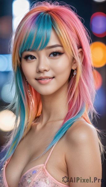 1girl,solo,long hair,breasts,looking at viewer,smile,bangs,large breasts,cleavage,bare shoulders,brown eyes,jewelry,medium breasts,underwear,blue hair,collarbone,upper body,pink hair,multicolored hair,earrings,parted lips,teeth,bra,blurry,two-tone hair,lips,eyelashes,aqua hair,gradient hair,makeup,depth of field,blurry background,watermark,web address,freckles,realistic,pink bra,nose,bokeh,blue eyes,blonde hair,orange hair,streaked hair,underwear only,rainbow hair