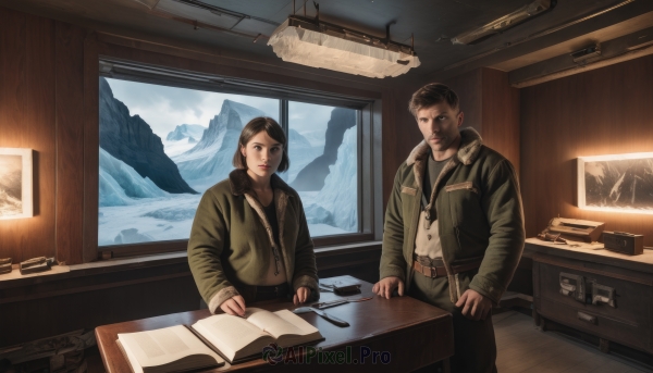 1girl,short hair,brown hair,shirt,black hair,1boy,brown eyes,jewelry,standing,jacket,weapon,belt,indoors,necklace,looking at another,uniform,cup,lips,gun,book,military,window,military uniform,facial hair,chair,table,beard,snow,desk,science fiction,mug,green jacket,mountain,realistic,pen,lamp,dog tags,map,bangs,long sleeves,sitting,closed mouth,pants,dark skin,vest,headphones,dark-skinned male,scenery,zipper,brown jacket,open book,radio